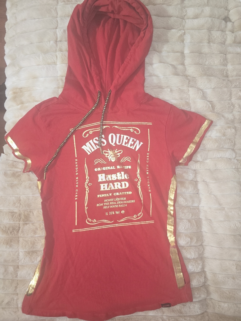 Miss Queen Hustle Hard Red Hoodie Tee with Gold Accents